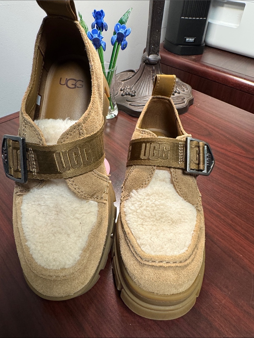 UGG Kids Tan Suede Shearling-Trim Slip-On Shoes